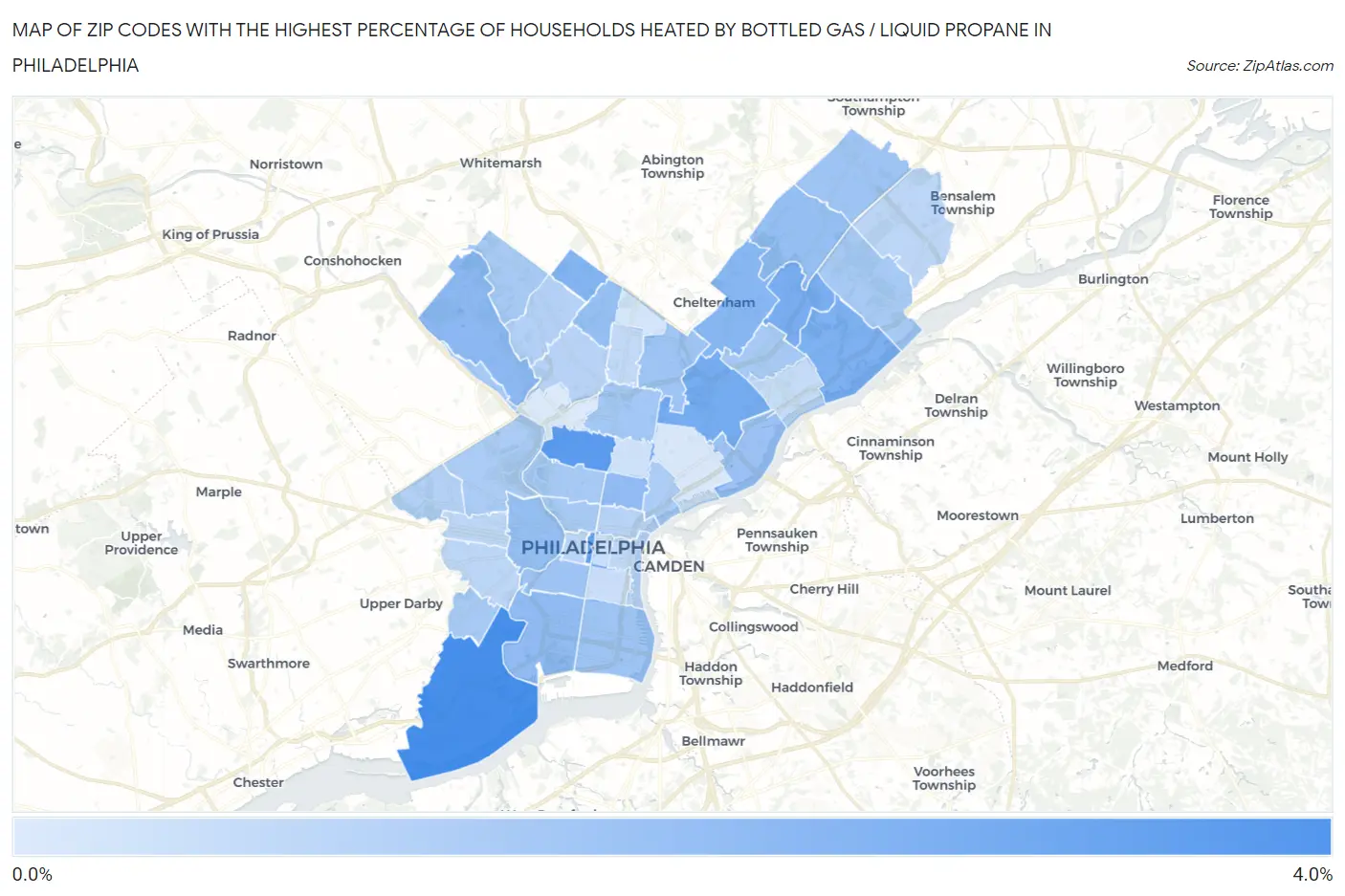 Zip Codes with the Highest Percentage of Households Heated by Bottled Gas / Liquid Propane in Philadelphia Map