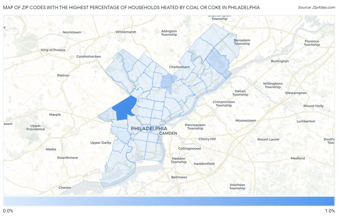 Zip Codes with the Highest Percentage of Households Heated by Coal or Coke in Philadelphia Map