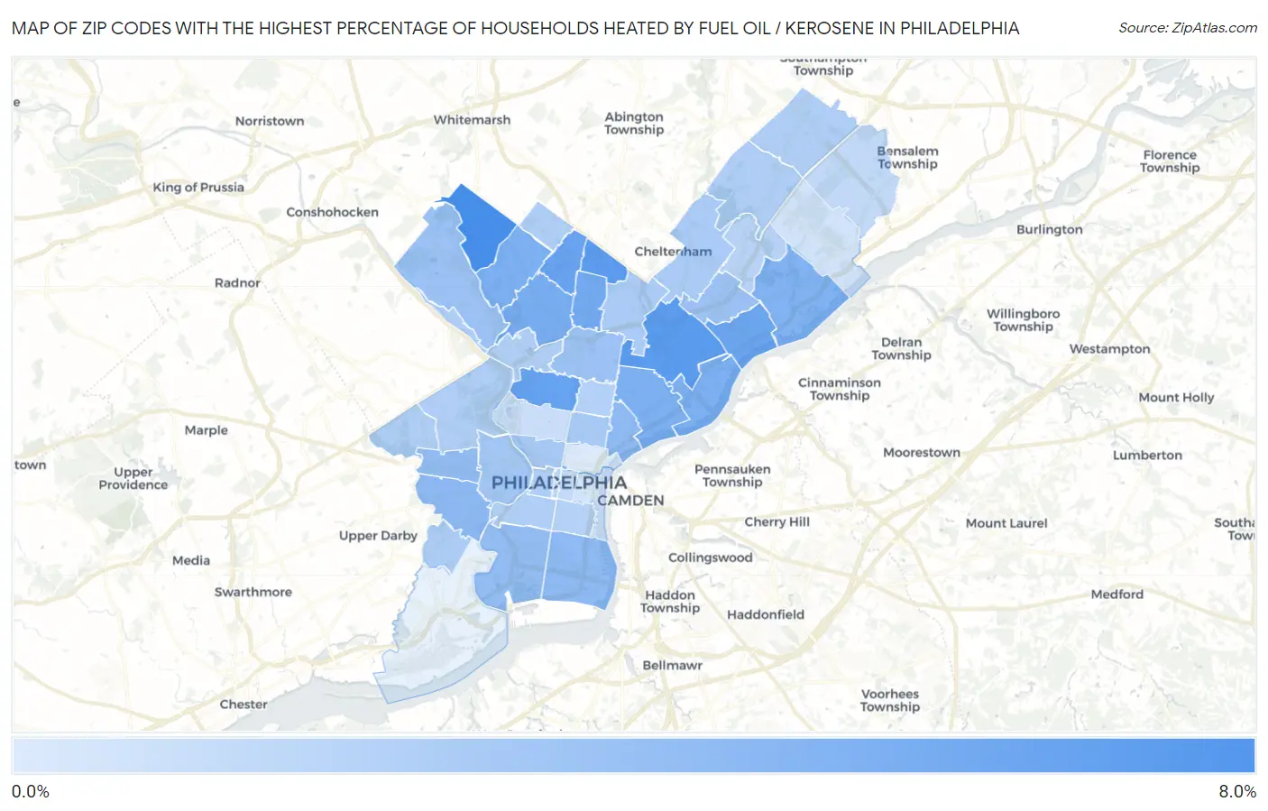 Zip Codes with the Highest Percentage of Households Heated by Fuel Oil / Kerosene in Philadelphia Map