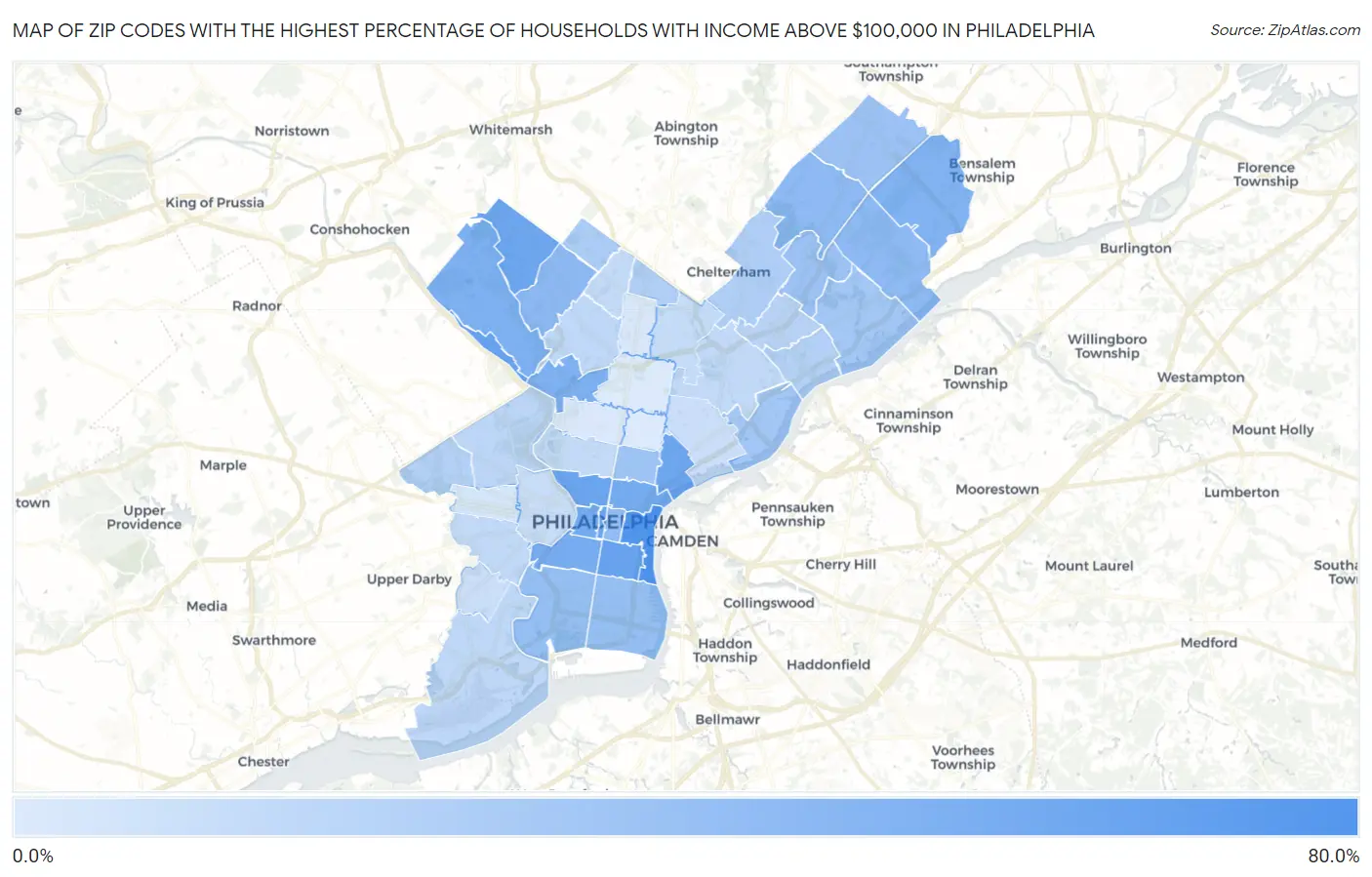 Zip Codes with the Highest Percentage of Households with Income Above $100,000 in Philadelphia Map