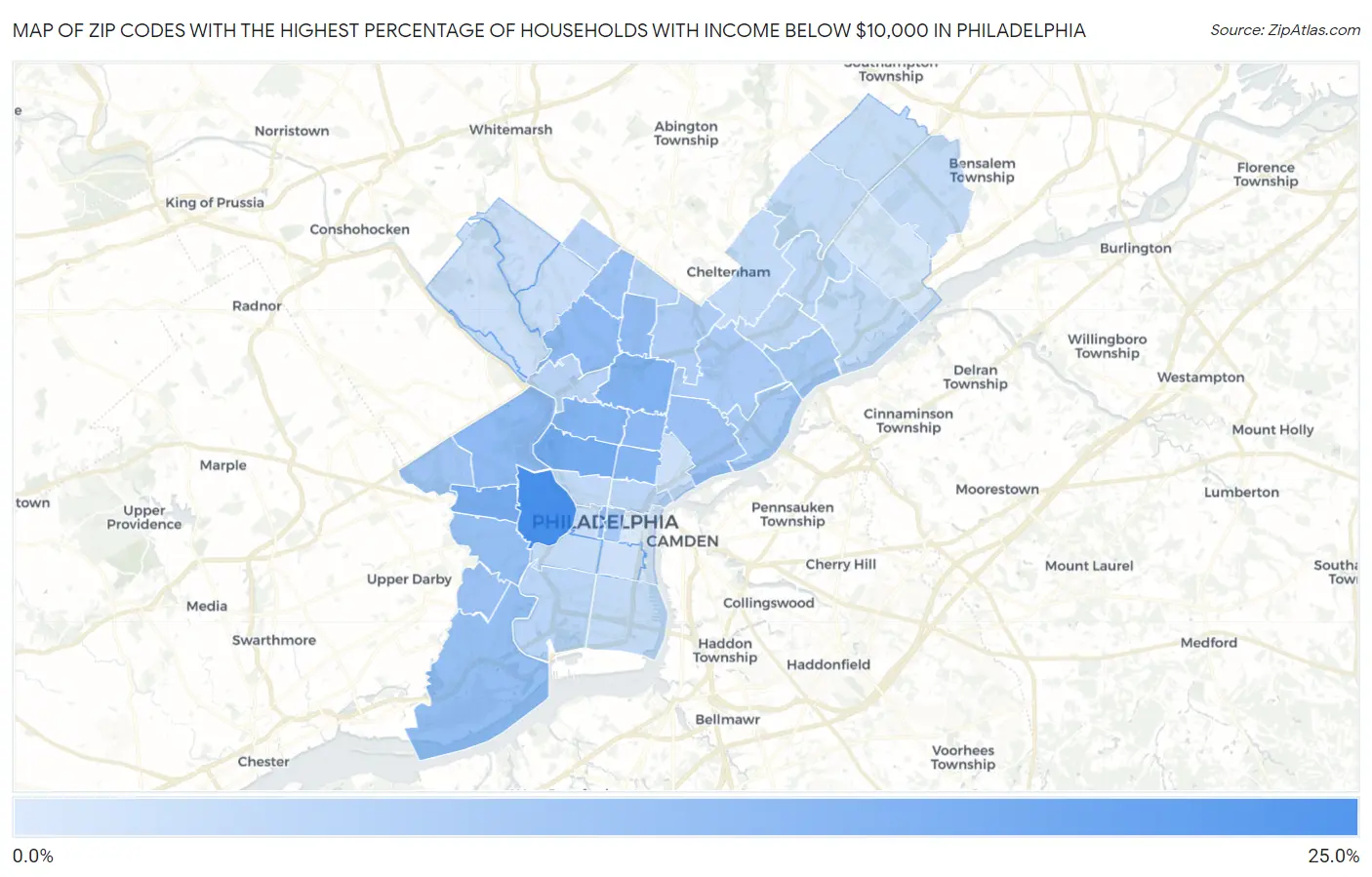 Zip Codes with the Highest Percentage of Households with Income Below $10,000 in Philadelphia Map