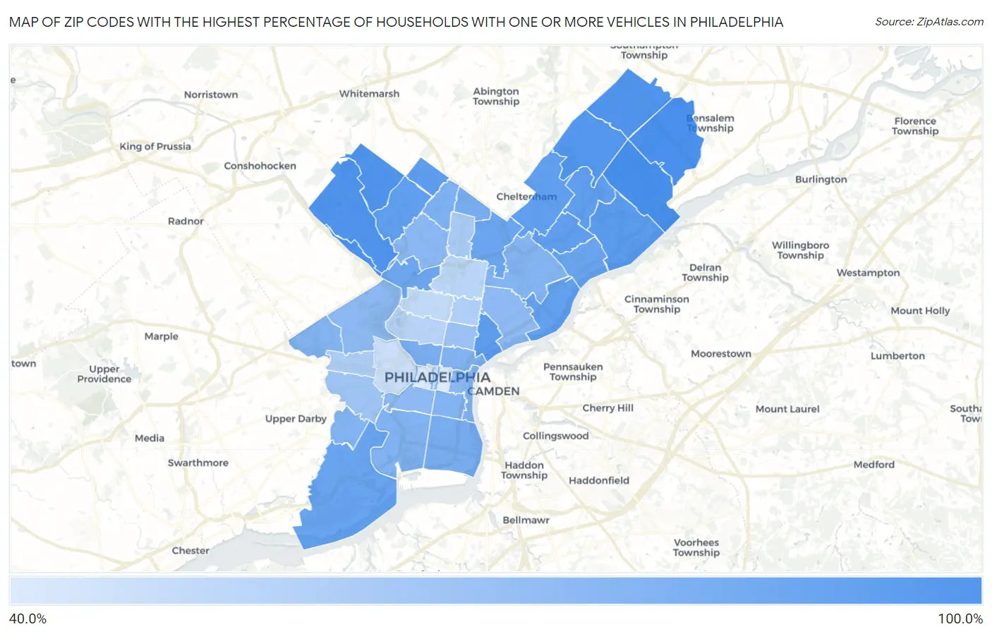 Zip Codes with the Highest Percentage of Households With One or more Vehicles in Philadelphia Map