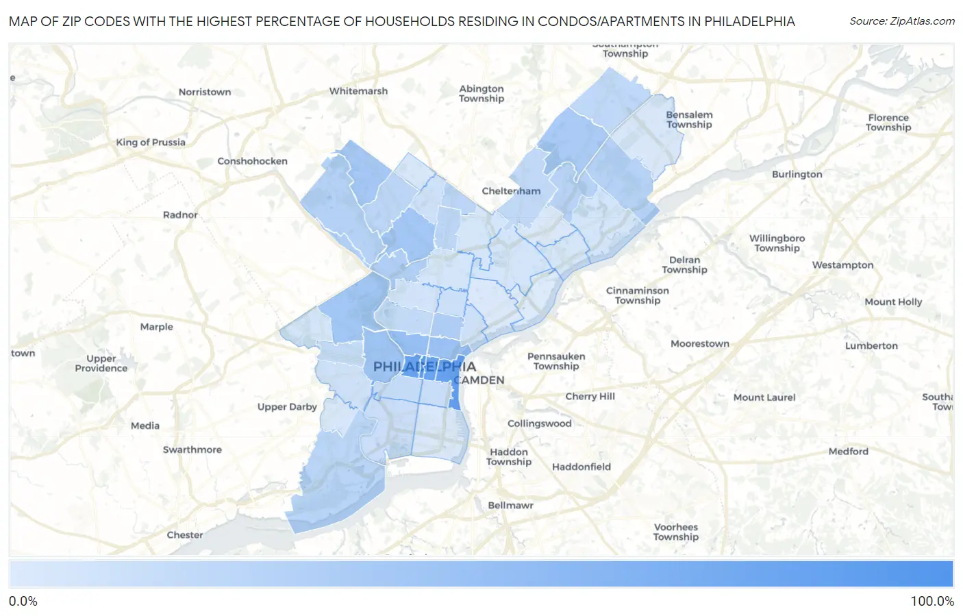 Zip Codes with the Highest Percentage of Households Residing in Condos/Apartments in Philadelphia Map