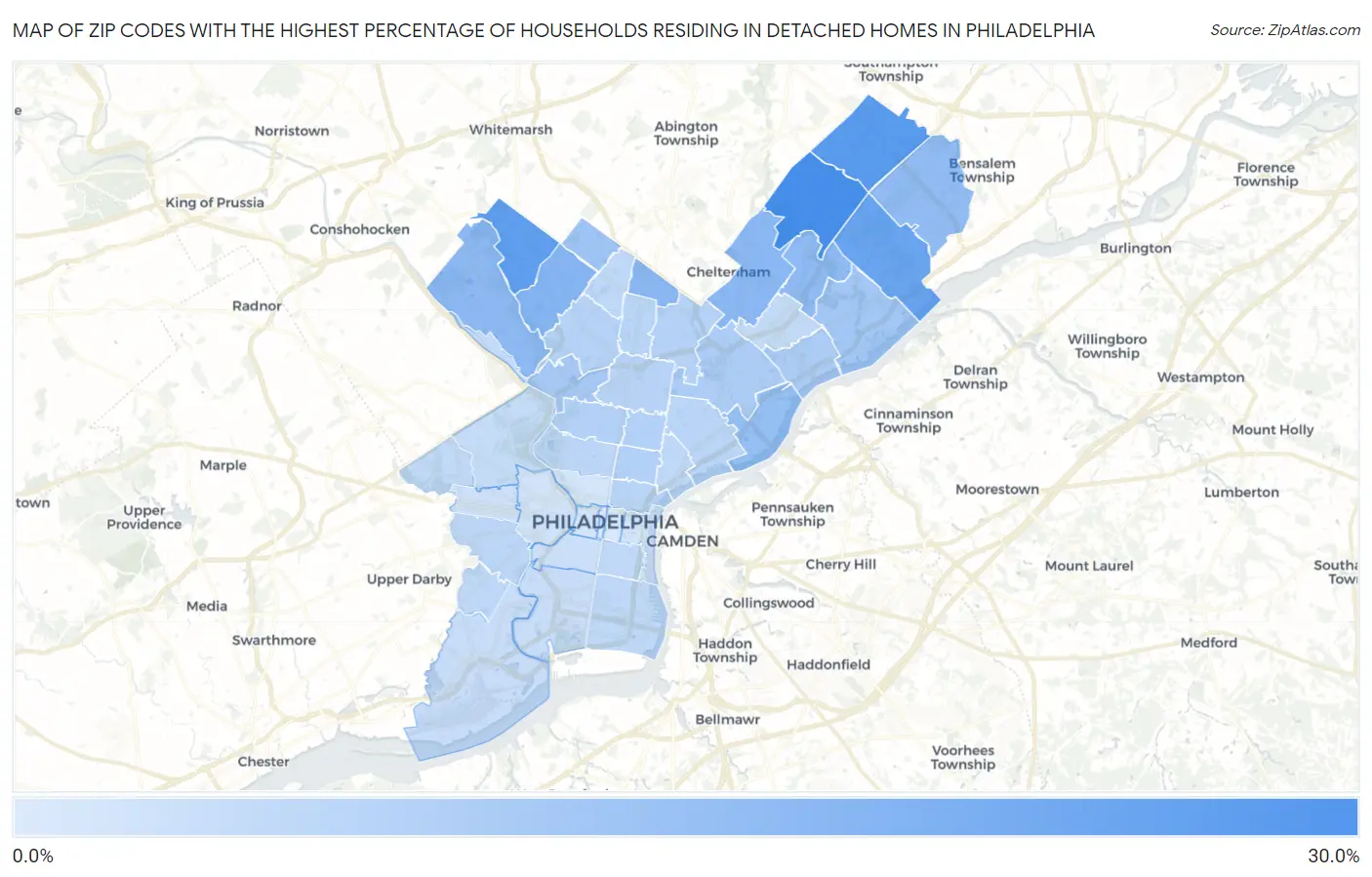 Zip Codes with the Highest Percentage of Households Residing in Detached Homes in Philadelphia Map