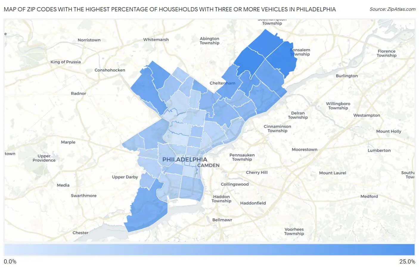 Zip Codes with the Highest Percentage of Households With Three or more Vehicles in Philadelphia Map