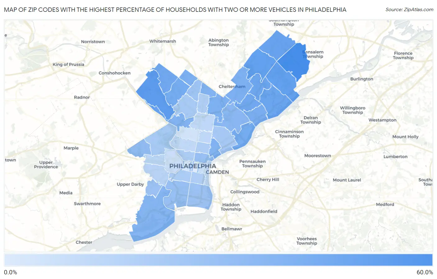 Zip Codes with the Highest Percentage of Households With Two or more Vehicles in Philadelphia Map