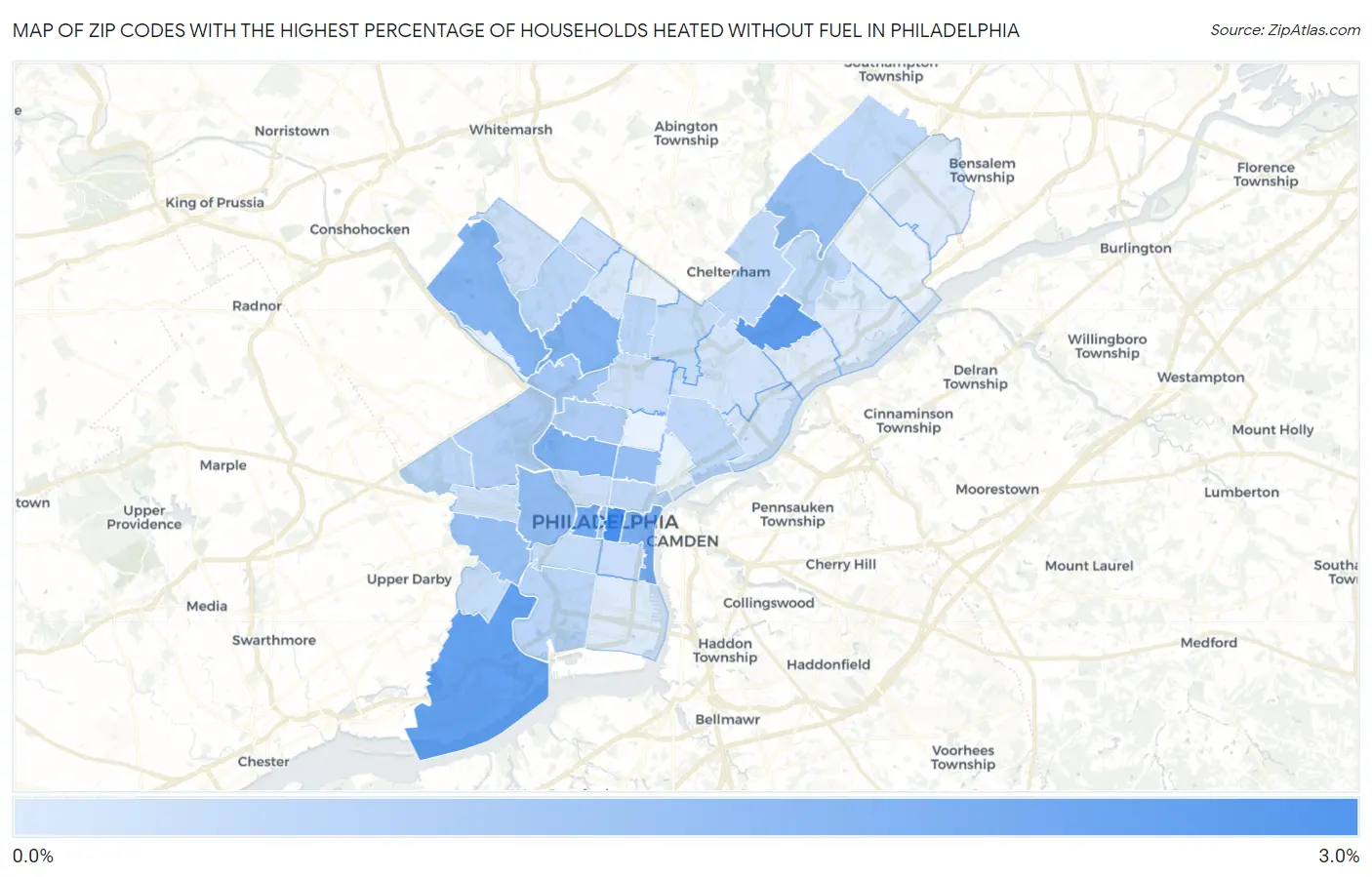 Zip Codes with the Highest Percentage of Households Heated without Fuel in Philadelphia Map