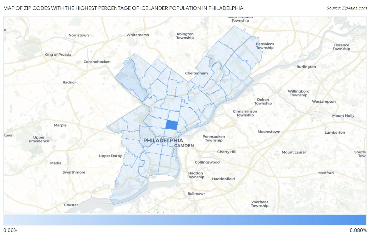 Zip Codes with the Highest Percentage of Icelander Population in Philadelphia Map