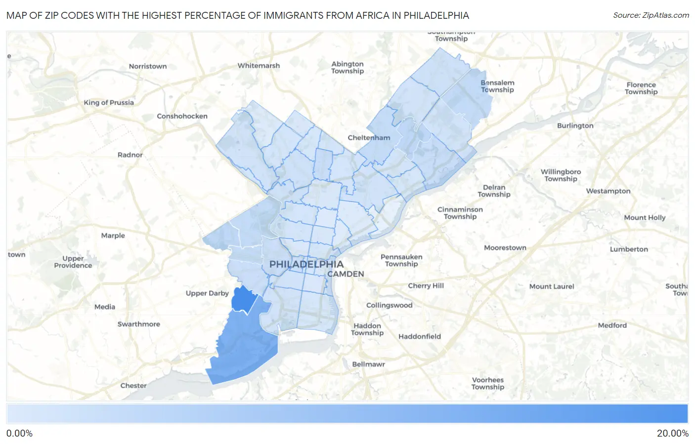 Zip Codes with the Highest Percentage of Immigrants from Africa in Philadelphia Map