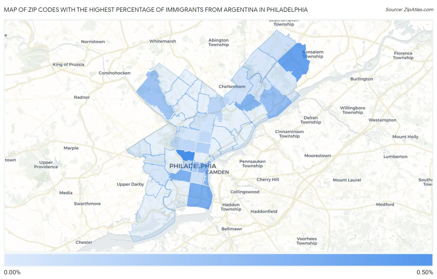 Zip Codes with the Highest Percentage of Immigrants from Argentina in Philadelphia Map