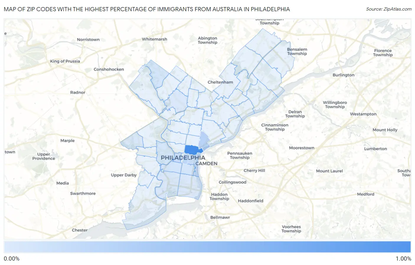 Zip Codes with the Highest Percentage of Immigrants from Australia in Philadelphia Map