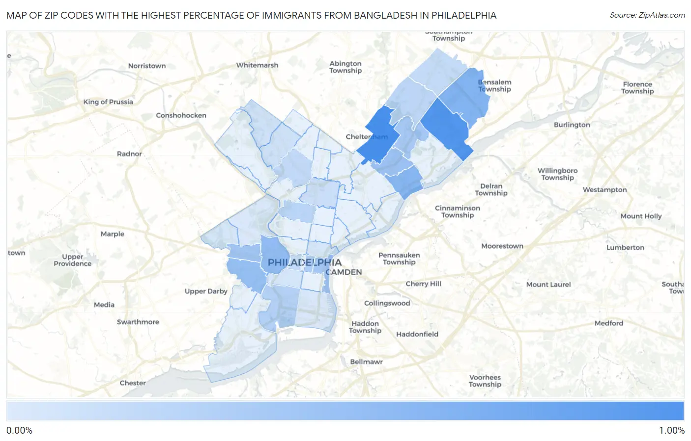 Zip Codes with the Highest Percentage of Immigrants from Bangladesh in Philadelphia Map