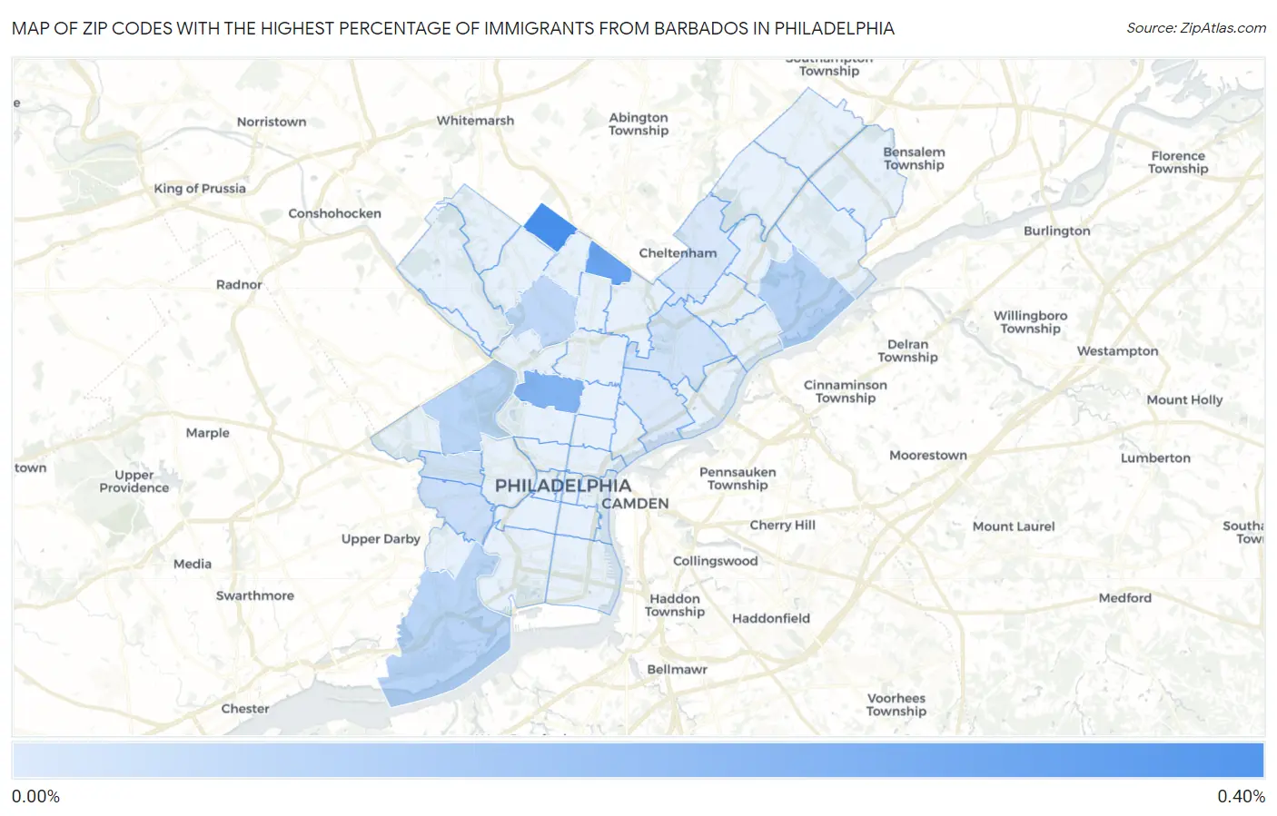 Zip Codes with the Highest Percentage of Immigrants from Barbados in Philadelphia Map