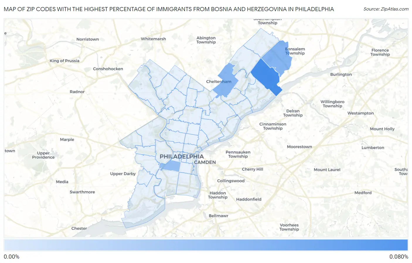 Zip Codes with the Highest Percentage of Immigrants from Bosnia and Herzegovina in Philadelphia Map
