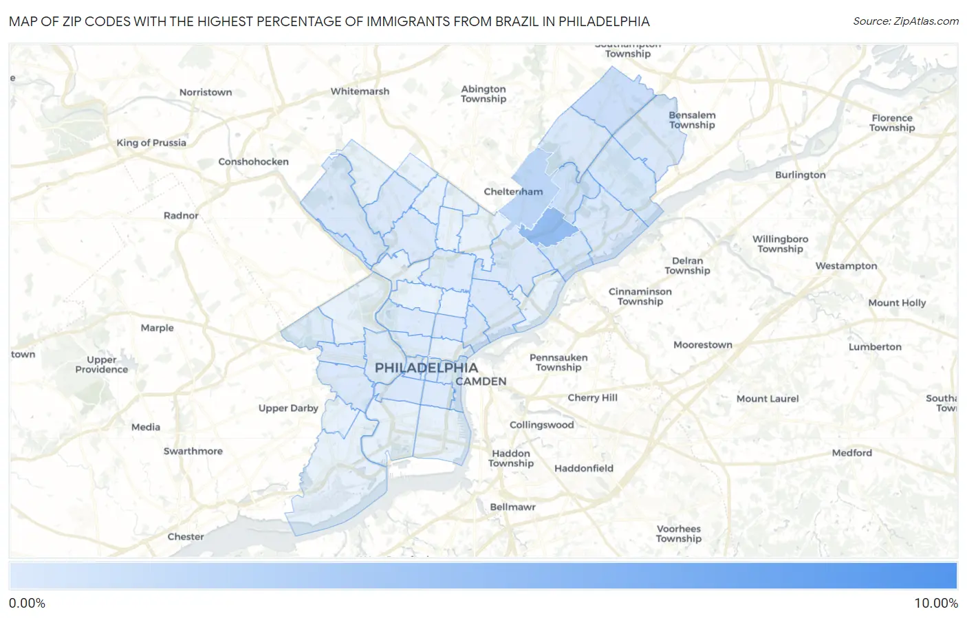 Zip Codes with the Highest Percentage of Immigrants from Brazil in Philadelphia Map