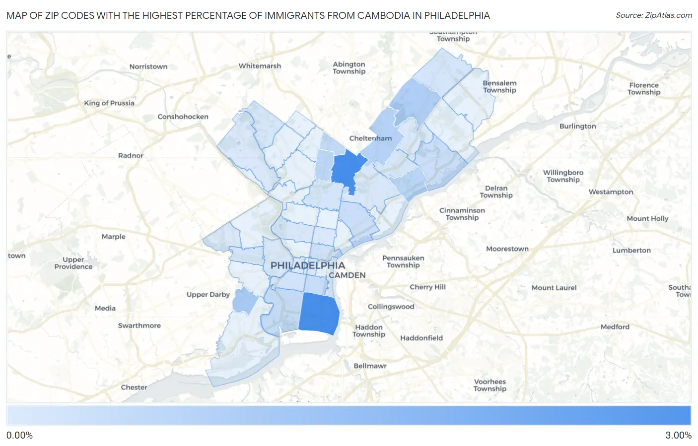 Zip Codes with the Highest Percentage of Immigrants from Cambodia in Philadelphia Map