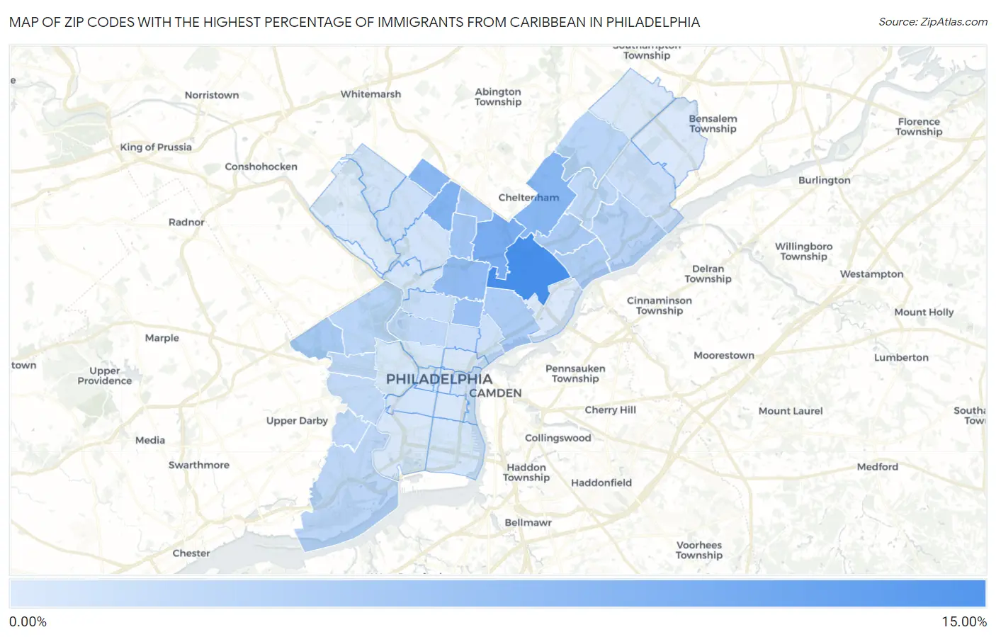 Zip Codes with the Highest Percentage of Immigrants from Caribbean in Philadelphia Map
