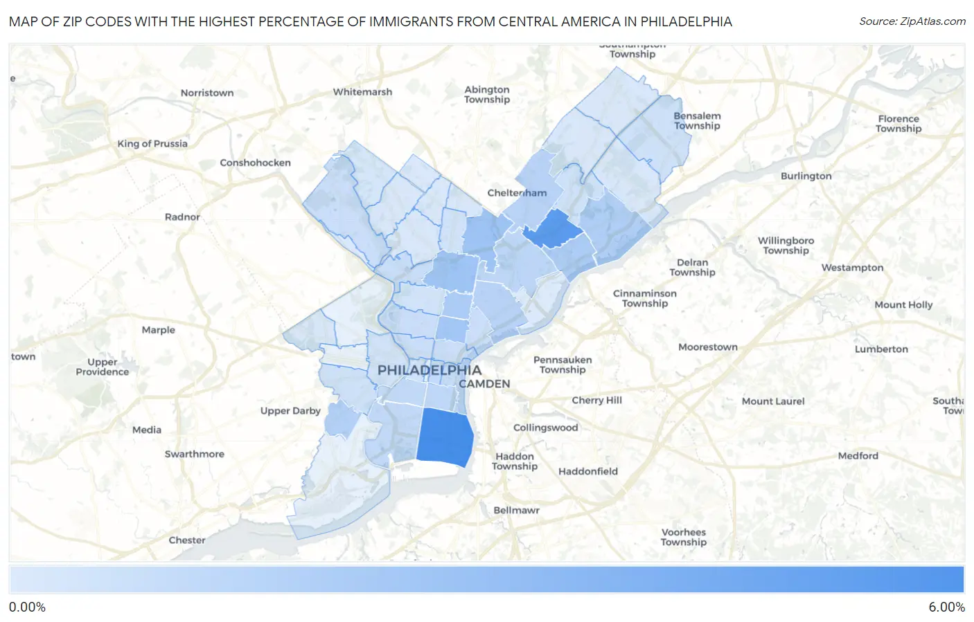 Zip Codes with the Highest Percentage of Immigrants from Central America in Philadelphia Map