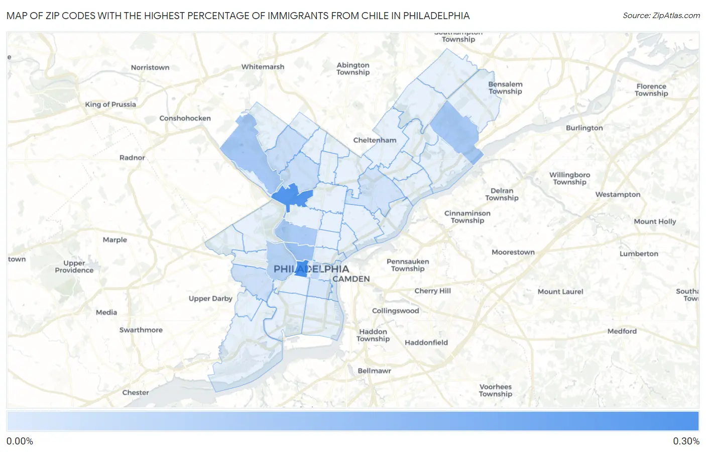 Zip Codes with the Highest Percentage of Immigrants from Chile in Philadelphia Map