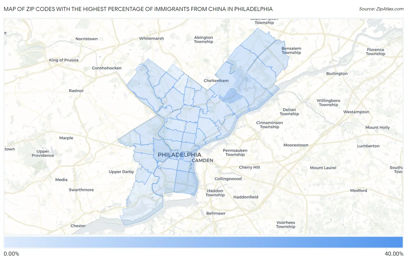 Zip Codes with the Highest Percentage of Immigrants from China in Philadelphia Map