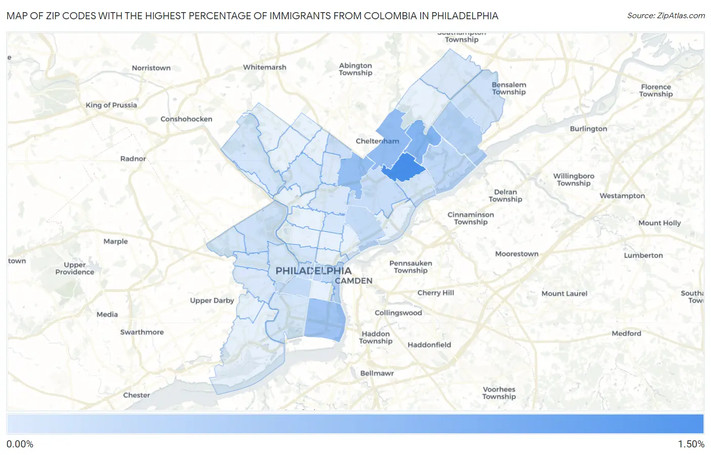 Zip Codes with the Highest Percentage of Immigrants from Colombia in Philadelphia Map