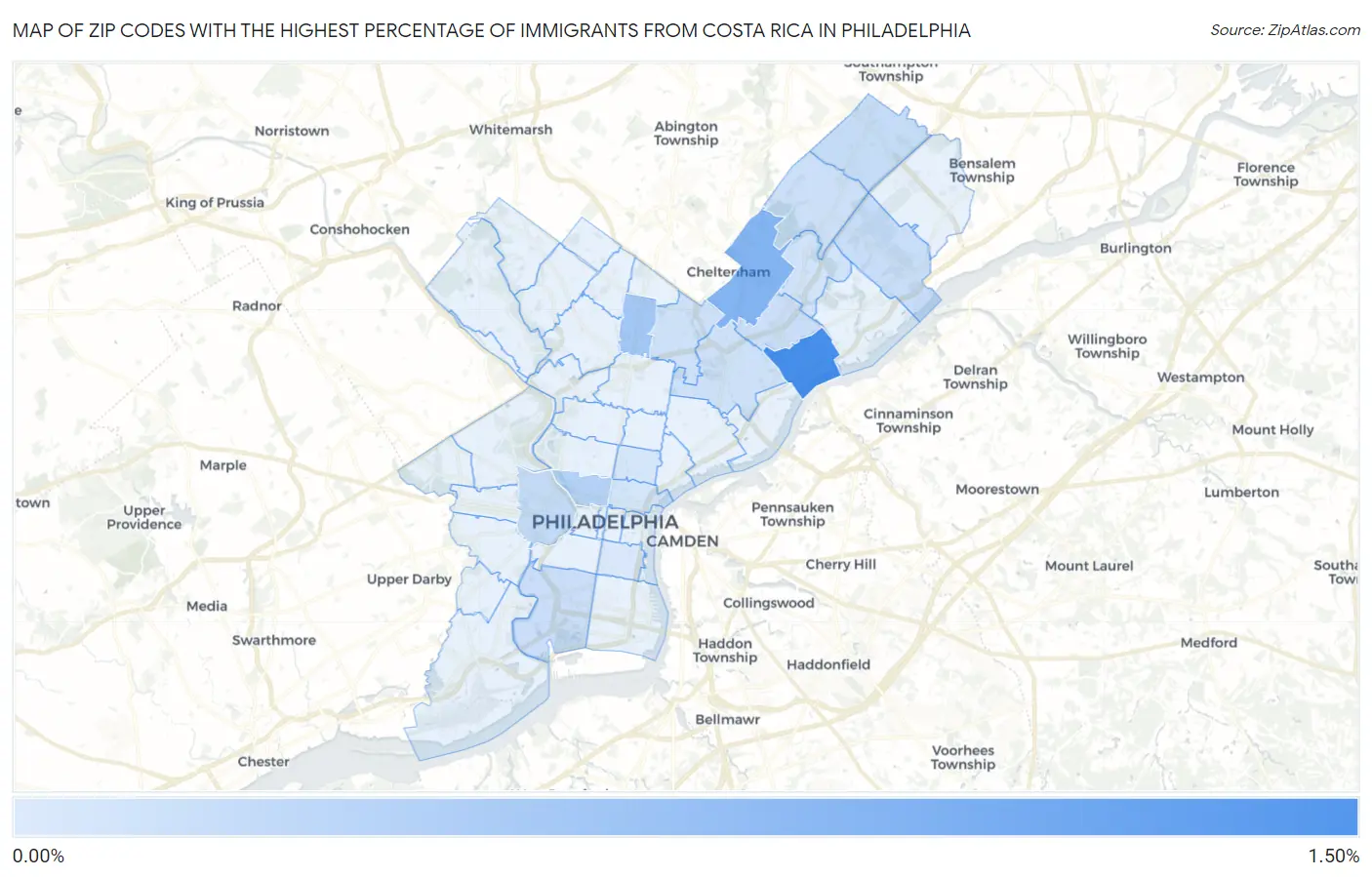Zip Codes with the Highest Percentage of Immigrants from Costa Rica in Philadelphia Map