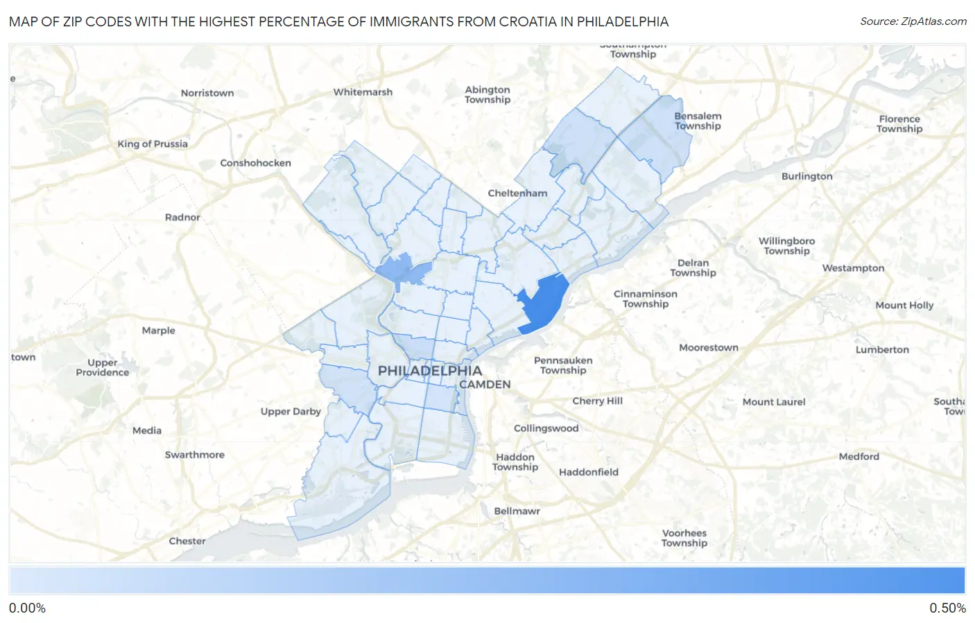Zip Codes with the Highest Percentage of Immigrants from Croatia in Philadelphia Map