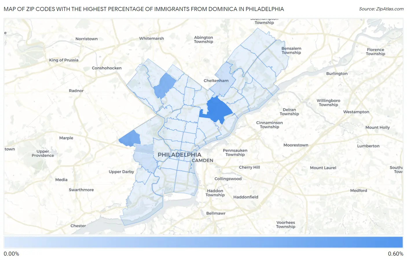 Zip Codes with the Highest Percentage of Immigrants from Dominica in Philadelphia Map