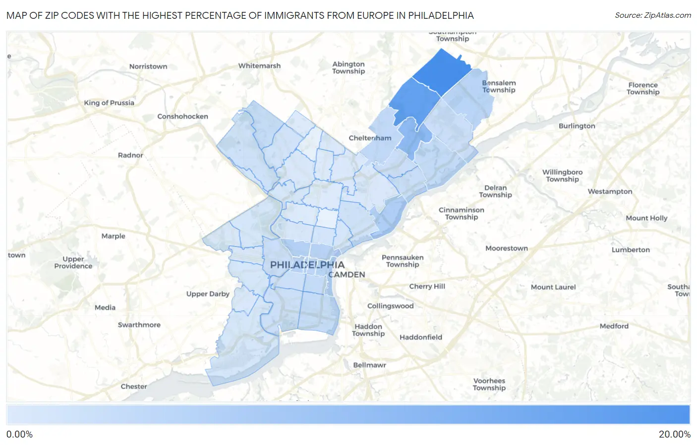 Zip Codes with the Highest Percentage of Immigrants from Europe in Philadelphia Map