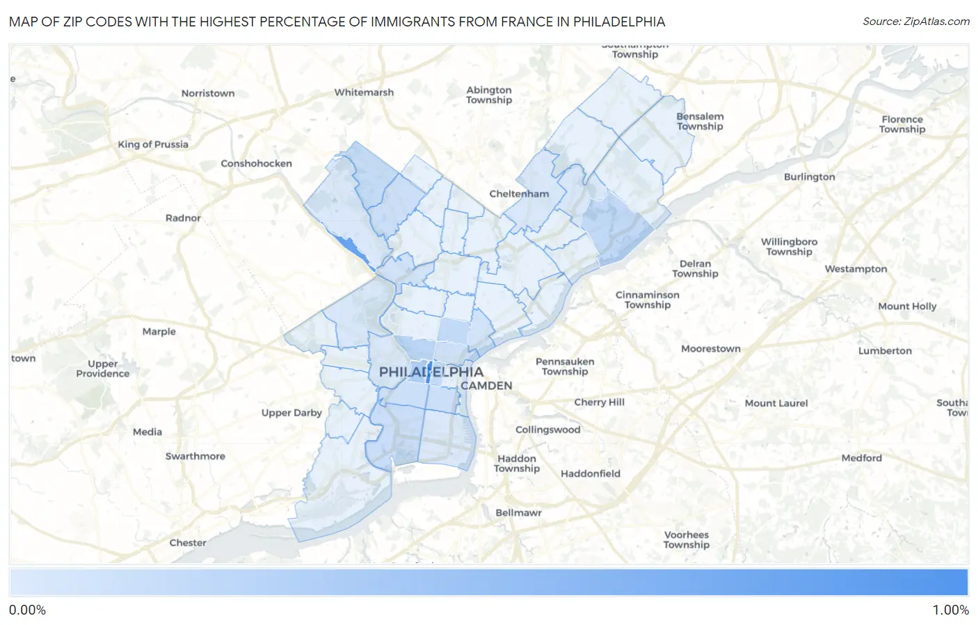 Zip Codes with the Highest Percentage of Immigrants from France in Philadelphia Map