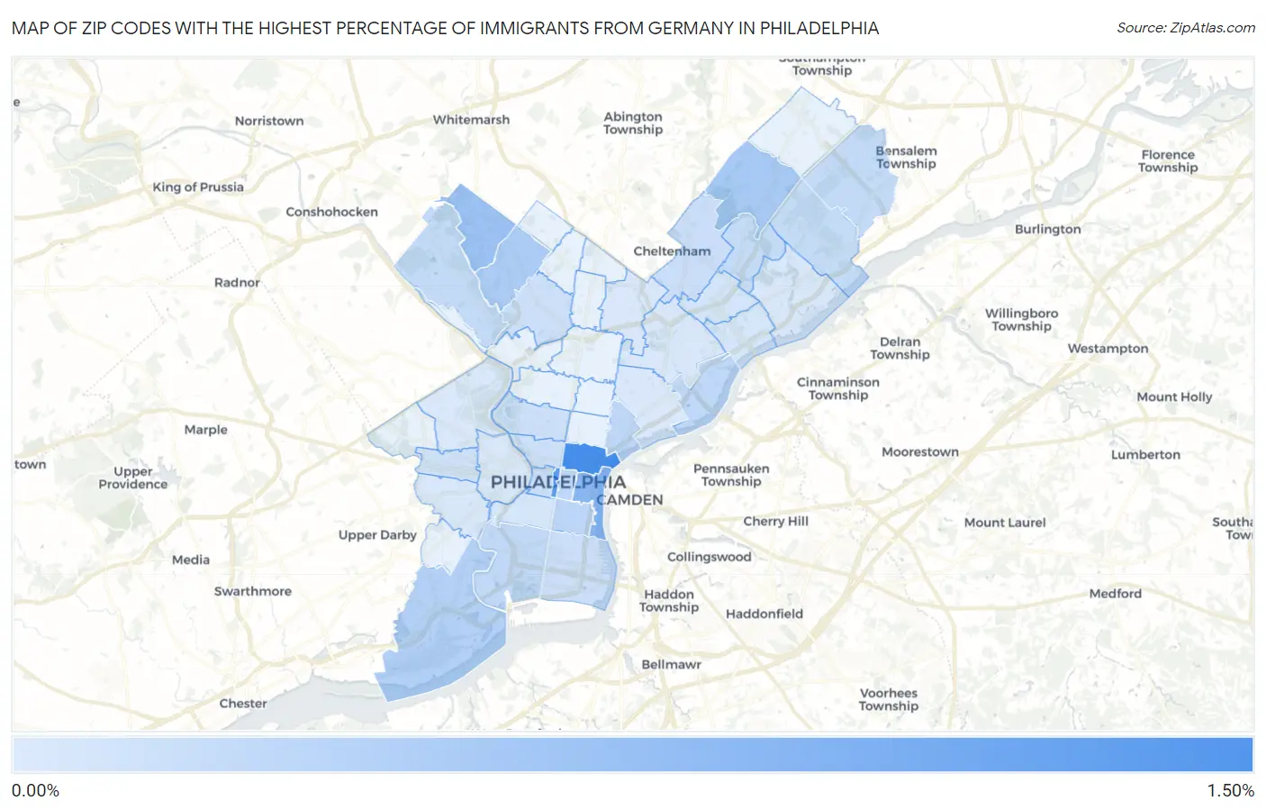 Zip Codes with the Highest Percentage of Immigrants from Germany in Philadelphia Map