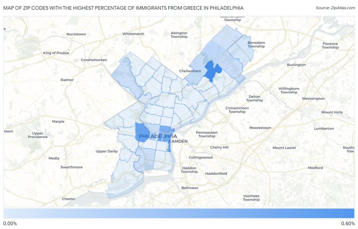 Zip Codes with the Highest Percentage of Immigrants from Greece in Philadelphia Map