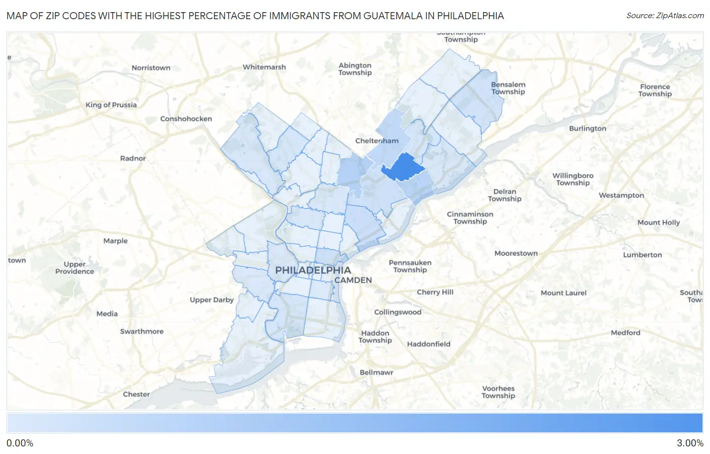 Zip Codes with the Highest Percentage of Immigrants from Guatemala in Philadelphia Map