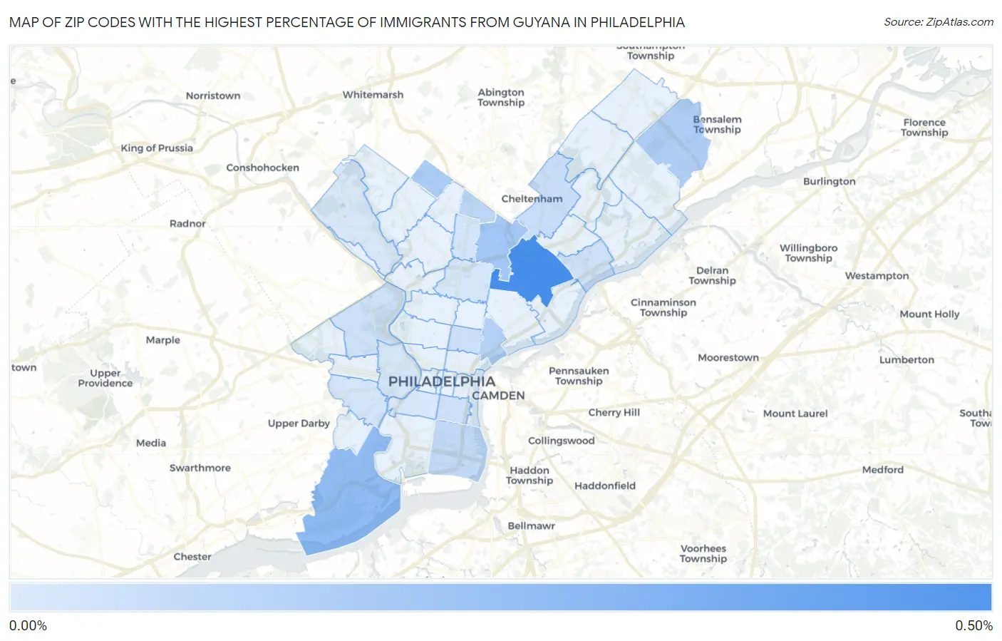 Zip Codes with the Highest Percentage of Immigrants from Guyana in Philadelphia Map
