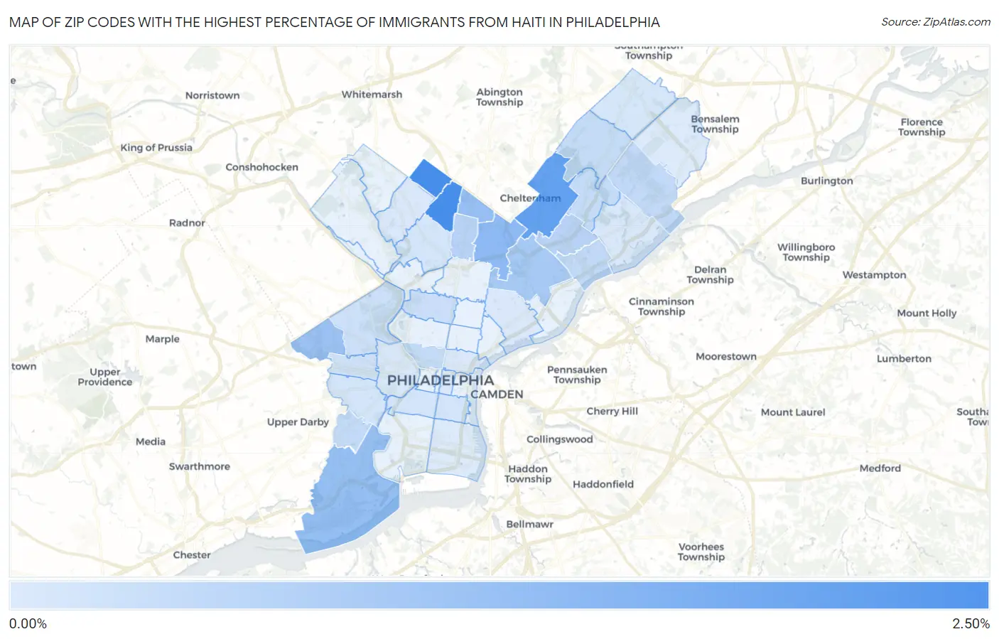 Zip Codes with the Highest Percentage of Immigrants from Haiti in Philadelphia Map