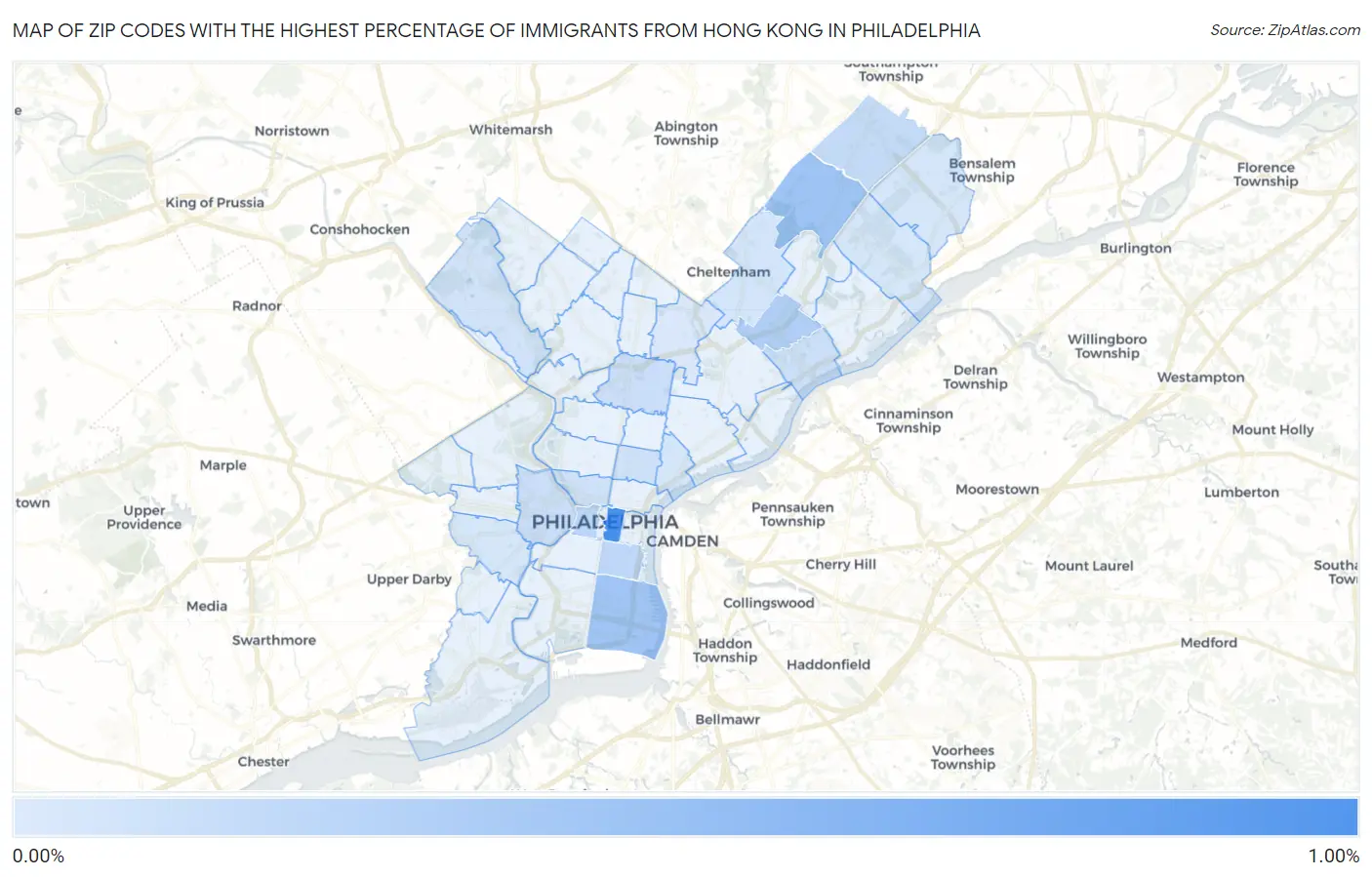 Zip Codes with the Highest Percentage of Immigrants from Hong Kong in Philadelphia Map