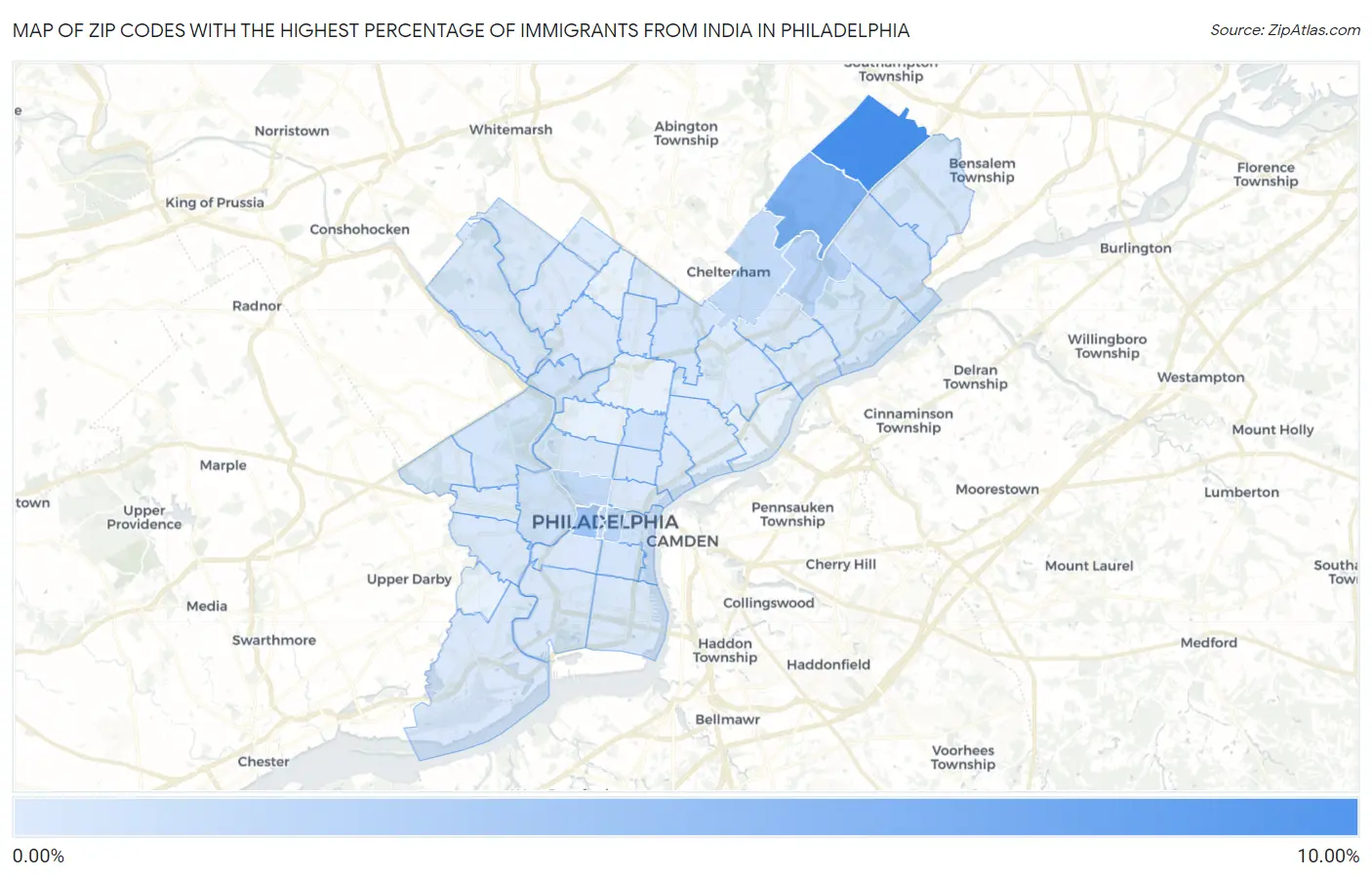 Zip Codes with the Highest Percentage of Immigrants from India in Philadelphia Map