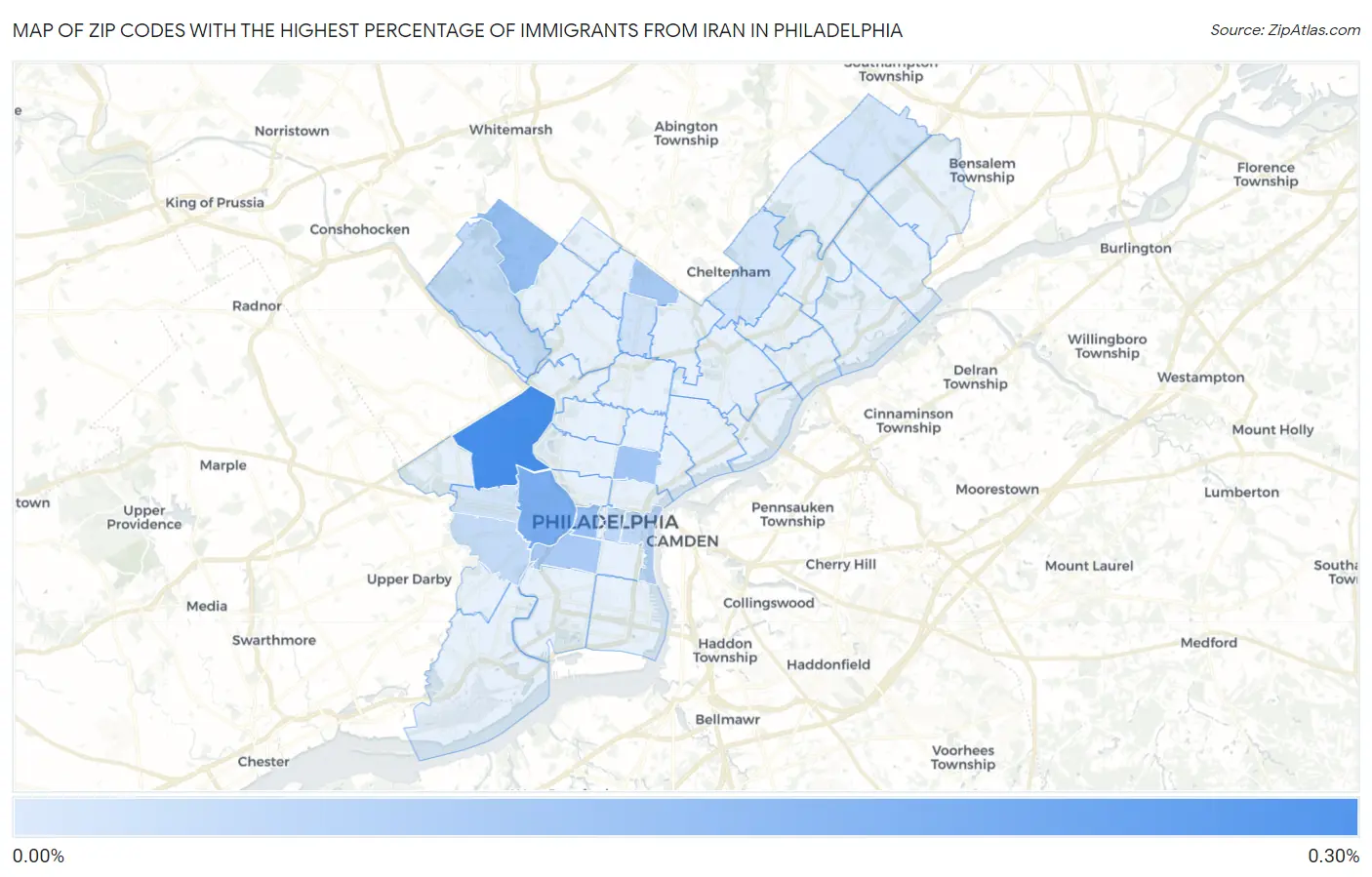 Zip Codes with the Highest Percentage of Immigrants from Iran in Philadelphia Map