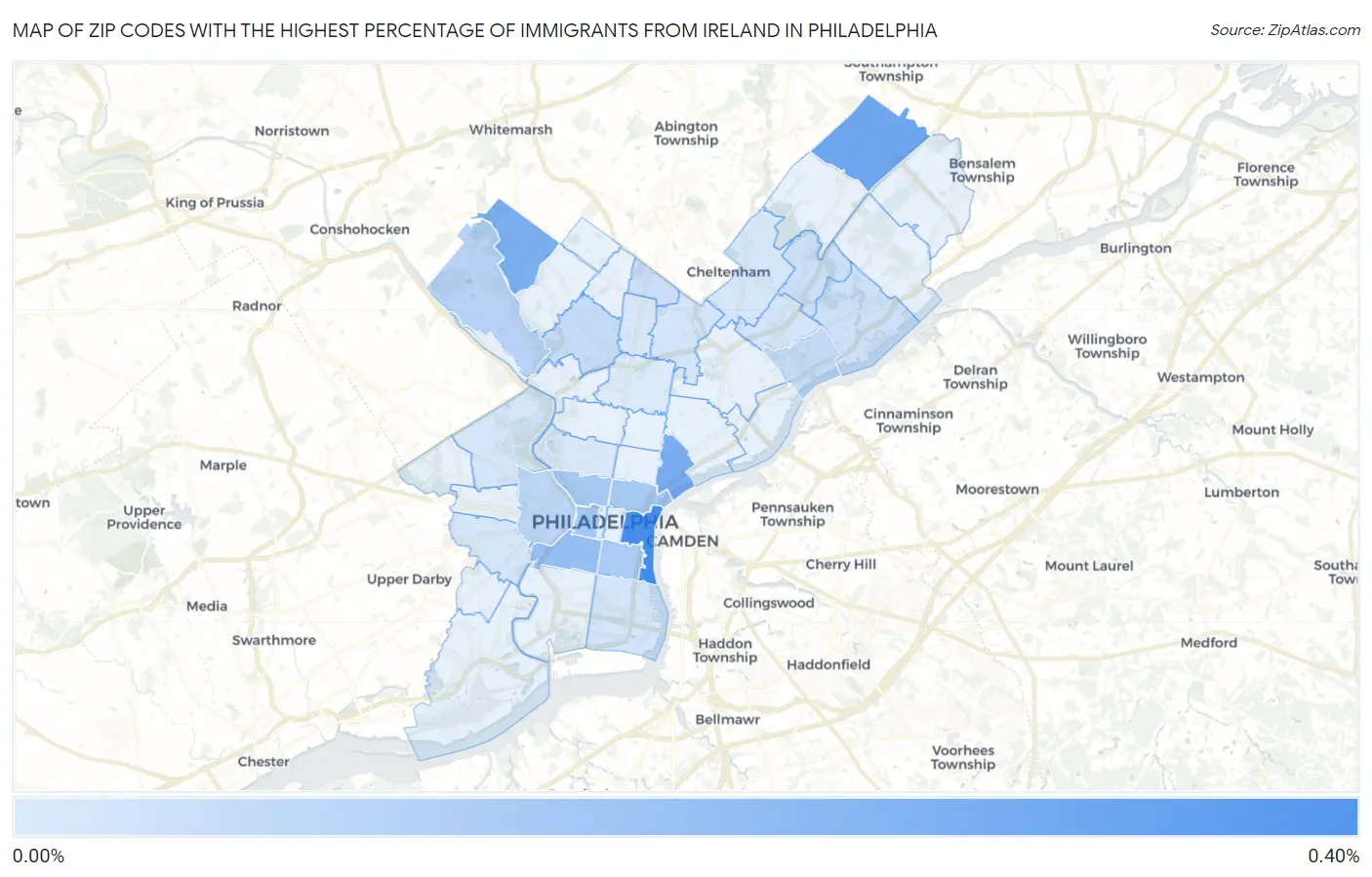 Zip Codes with the Highest Percentage of Immigrants from Ireland in Philadelphia Map