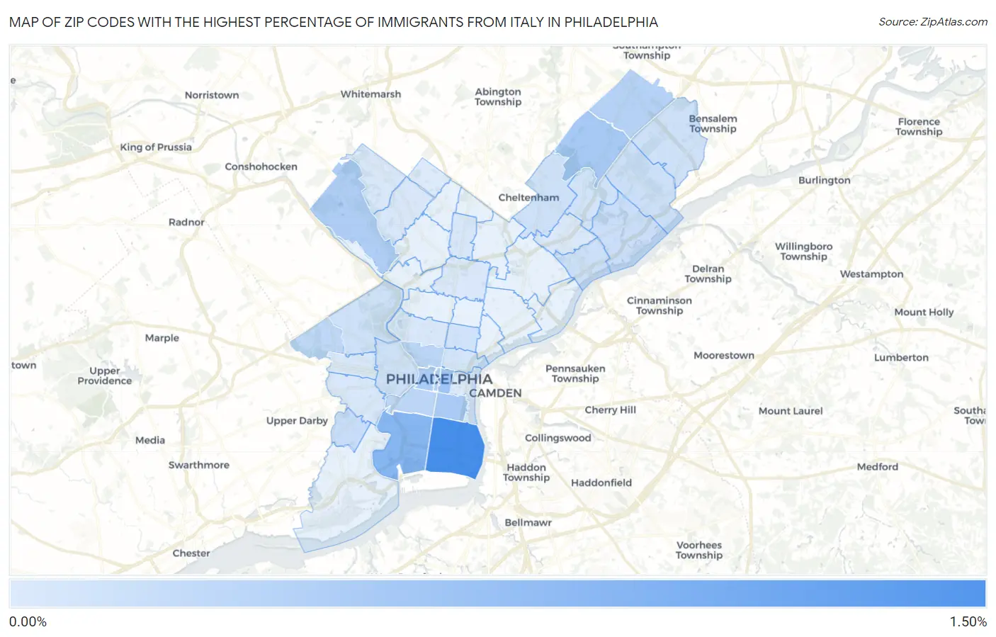Zip Codes with the Highest Percentage of Immigrants from Italy in Philadelphia Map