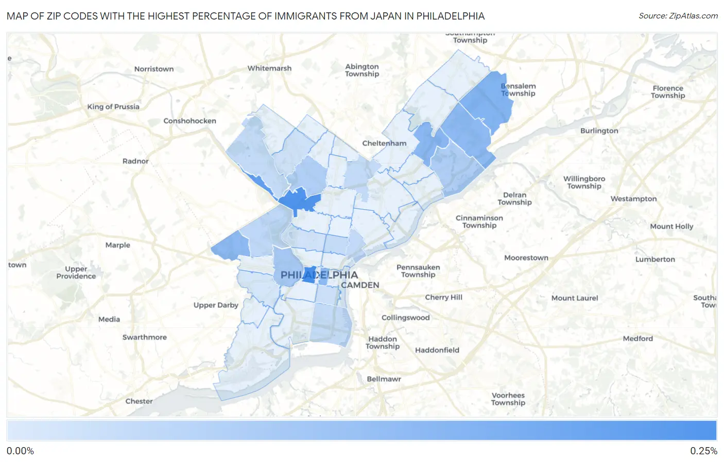Zip Codes with the Highest Percentage of Immigrants from Japan in Philadelphia Map