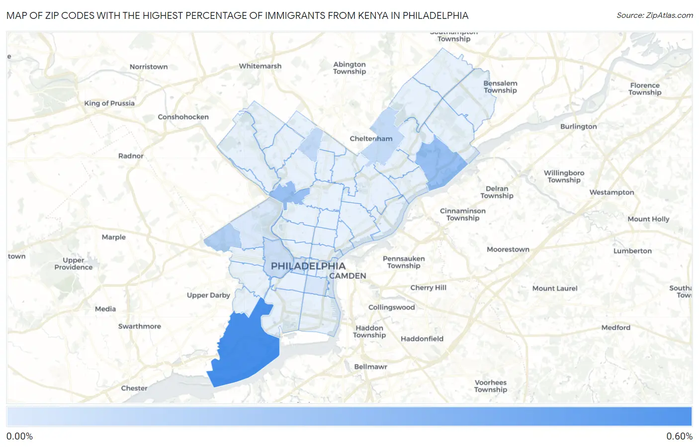 Zip Codes with the Highest Percentage of Immigrants from Kenya in Philadelphia Map