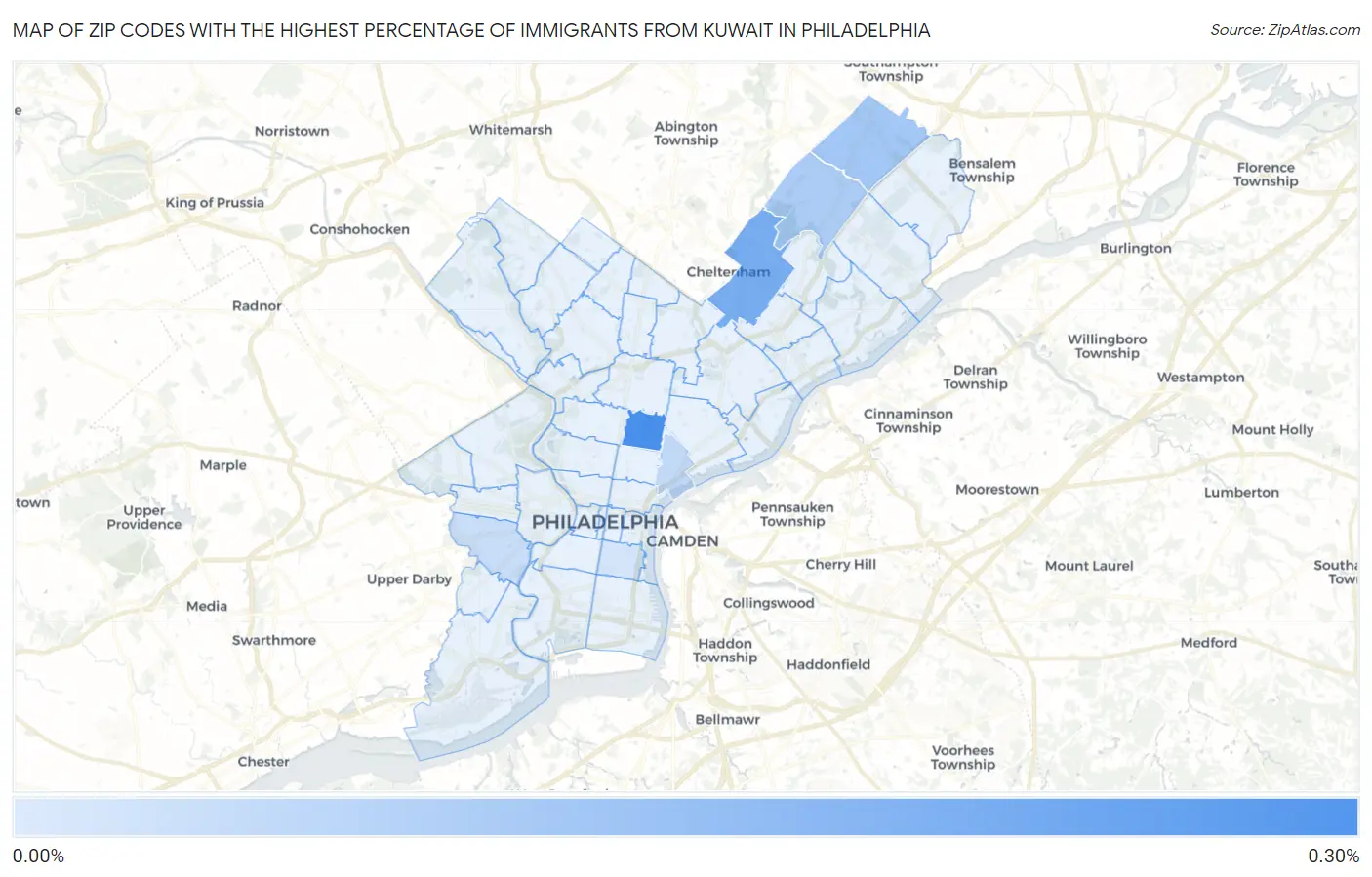 Zip Codes with the Highest Percentage of Immigrants from Kuwait in Philadelphia Map