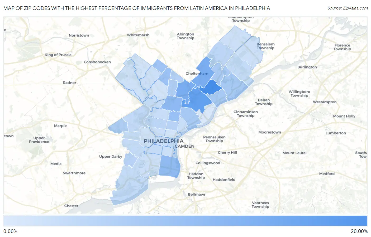 Zip Codes with the Highest Percentage of Immigrants from Latin America in Philadelphia Map