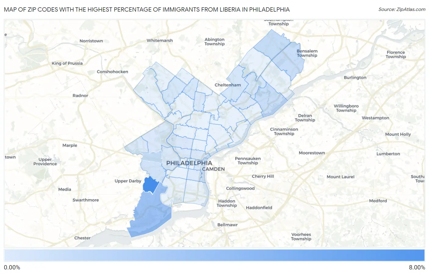 Zip Codes with the Highest Percentage of Immigrants from Liberia in Philadelphia Map