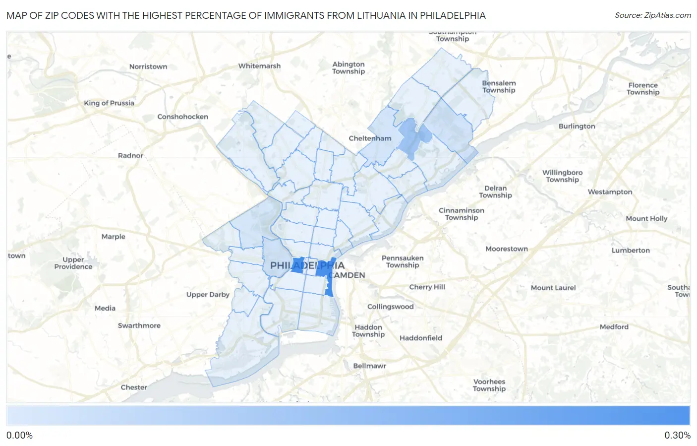 Zip Codes with the Highest Percentage of Immigrants from Lithuania in Philadelphia Map