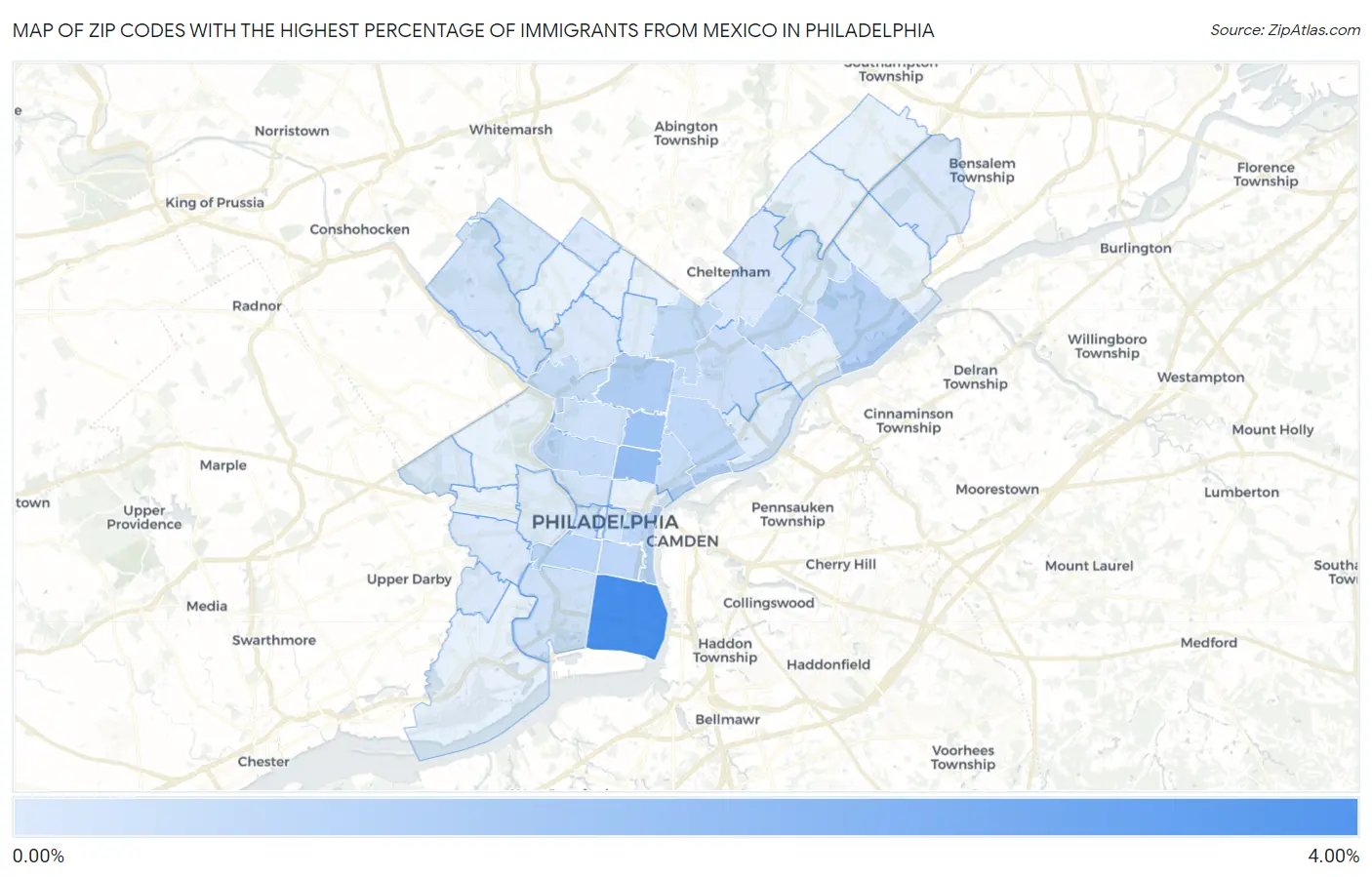 Zip Codes with the Highest Percentage of Immigrants from Mexico in Philadelphia Map