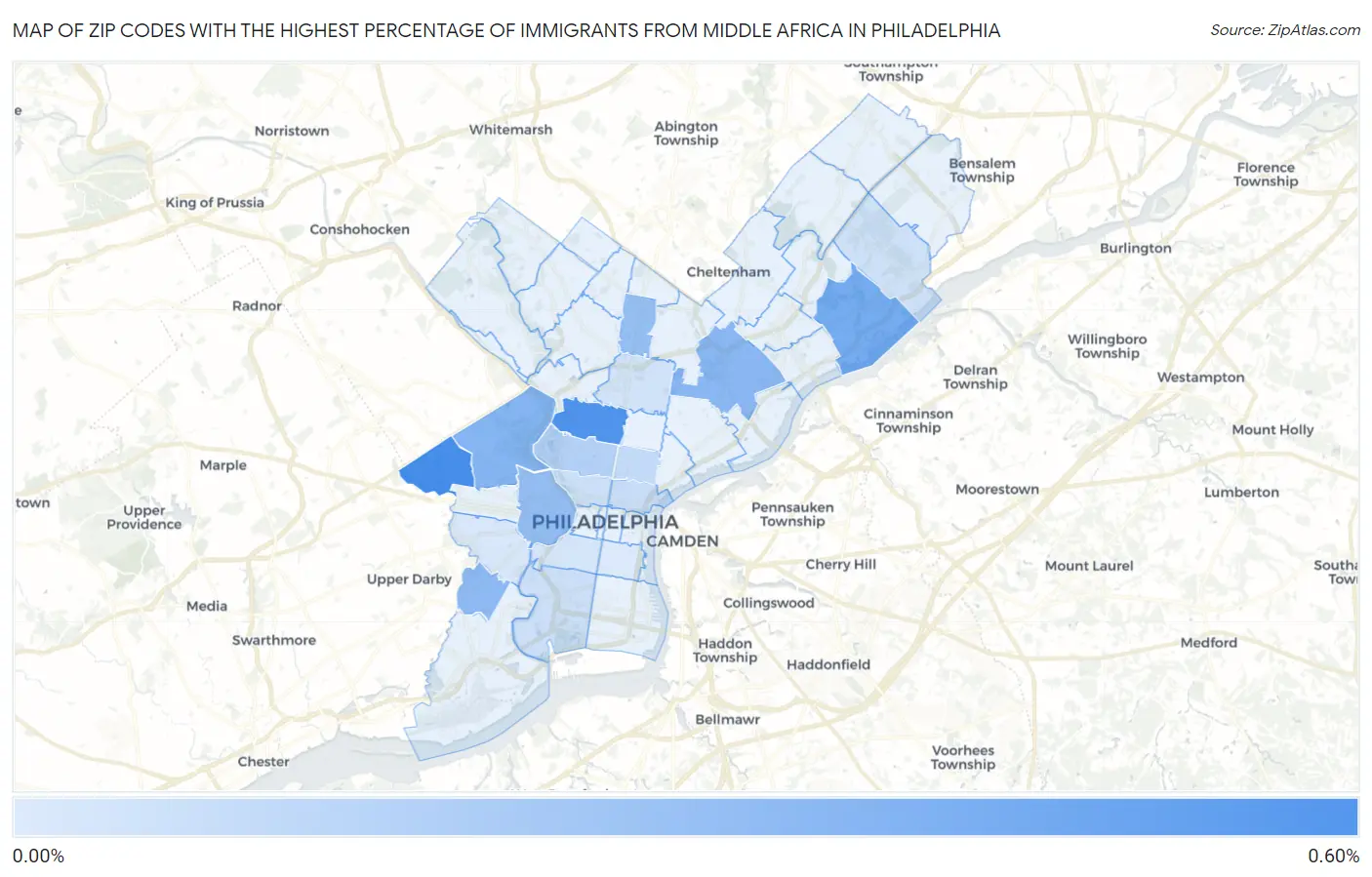Zip Codes with the Highest Percentage of Immigrants from Middle Africa in Philadelphia Map