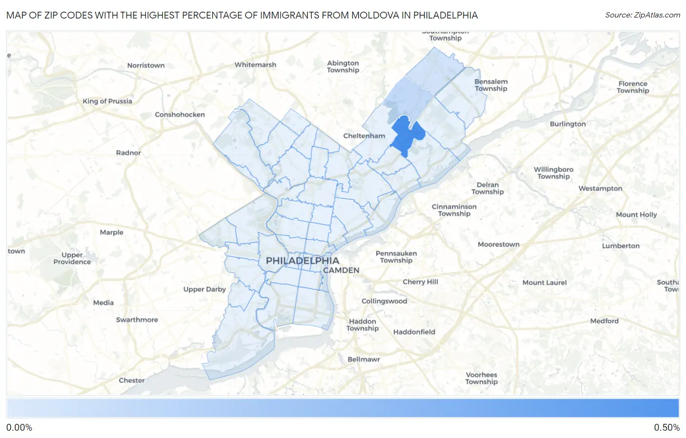 Zip Codes with the Highest Percentage of Immigrants from Moldova in Philadelphia Map