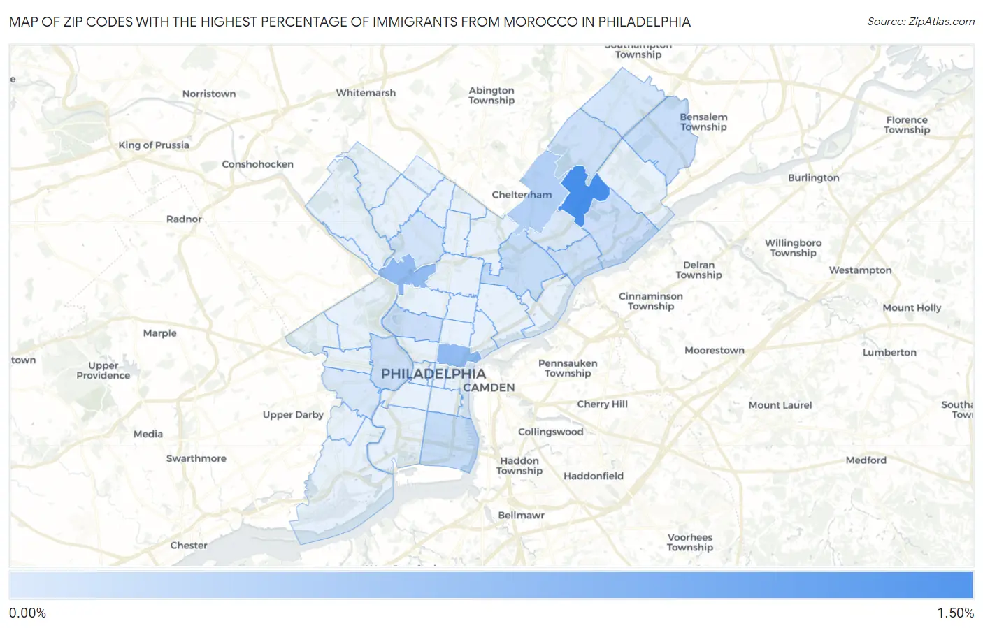 Zip Codes with the Highest Percentage of Immigrants from Morocco in Philadelphia Map